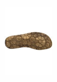 Braune Schuhsohle mit einem strukturierten Blumenmuster, das detaillierte Blumen und Blätter zeigt. Das Design umfasst verschiedene Größen und Formen.