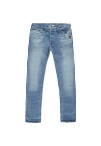 Lichtblauwe spijkerbroek met rechte pijpen, vijf zakken, rafelige details en een klein bruin logo-accent op de voorzak.