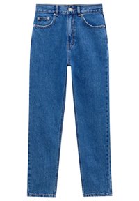 Jean en denim bleu taille haute à coupe droite, fermeture devant par bouton et zip, deux poches avant et une petite poche à monnaie, avec coutures apparentes.