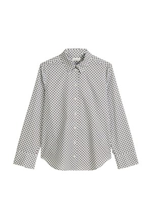 White long-sleeve shirt with a geometric brown pattern, button-down collar, and straight hem. Made from lightweight fabric.