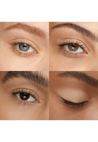 Fire nærbilleder af øjne med forskellige hudtoner og øjenfarver, der viser naturlig makeup med mascara og neutrale øjenskygger.