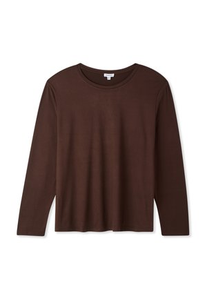 Maglietta marrone a maniche lunghe realizzata in tessuto morbido, con scollatura rotonda e una vestibilità rilassata, senza motivi o decorazioni visibili.