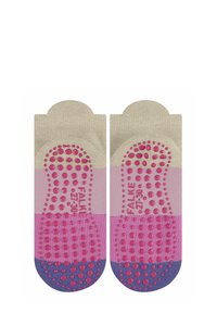 Kolorowe skarpetki dla dzieci z sylikonowymi uchwytami, z gradientowym wzorem w odcieniach różu, fioletu i beżu, oznaczone napisem "FALKE 27-30."