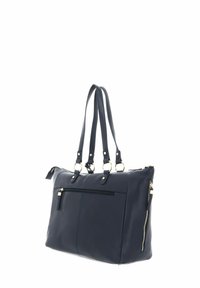 Sac à main en cuir noir avec poignées doubles, accents en métal doré, une poche avant avec fermeture éclair et une forme rectangulaire structurée.