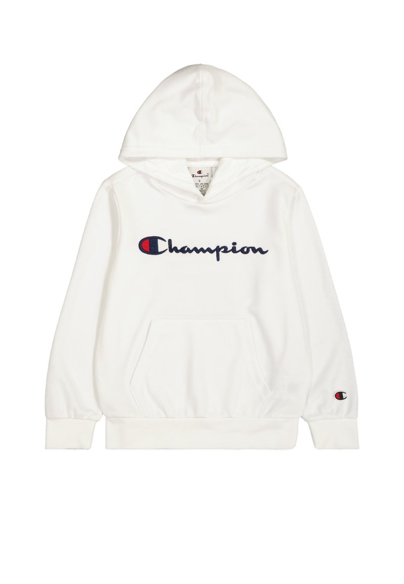 Felpa bianca con cappuccio realizzata in tessuto morbido, dotata di una tasca frontale, logo "Champion" ricamato in blu navy e un piccolo logo sulla manica.