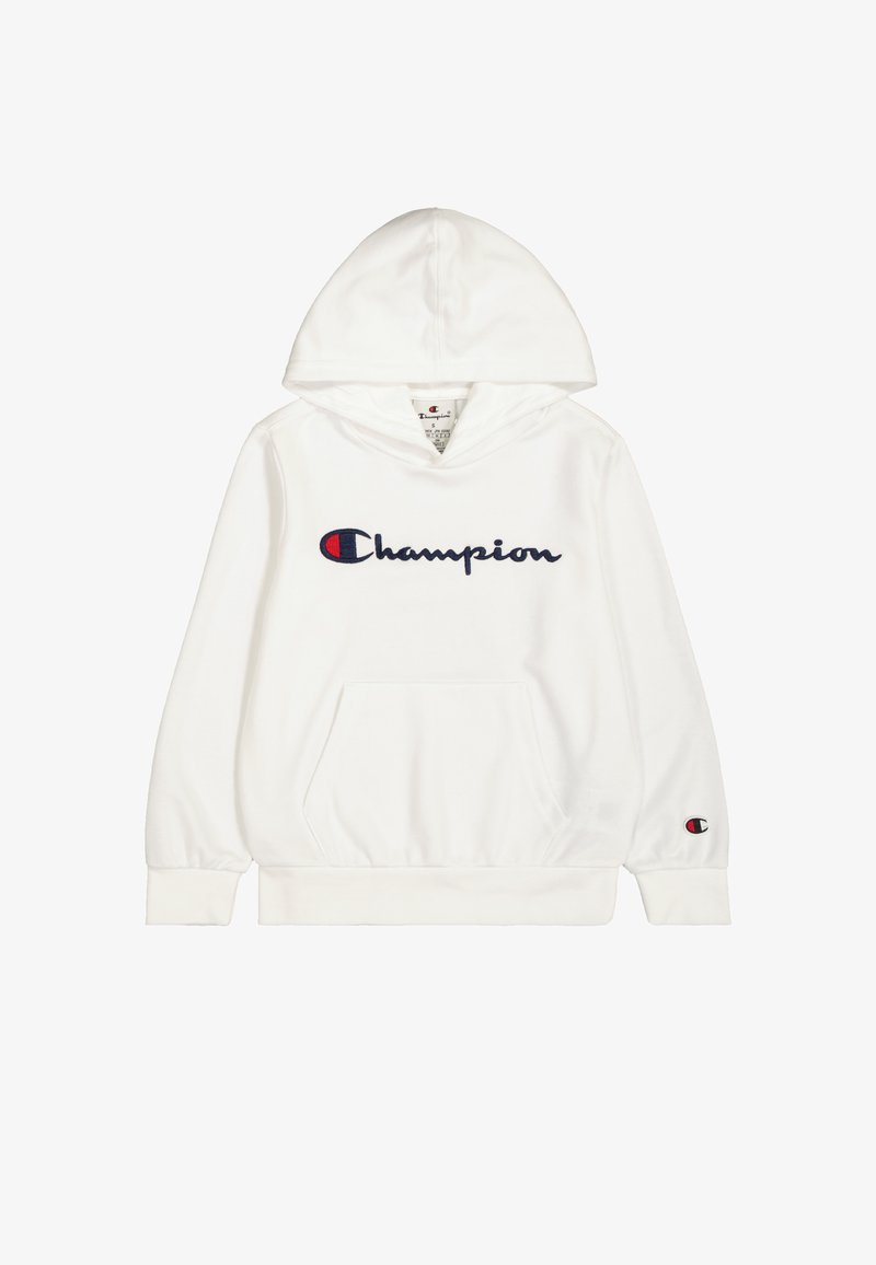Felpa bianca con cappuccio realizzata in tessuto morbido, dotata di una tasca frontale, logo "Champion" ricamato in blu navy e un piccolo logo sulla manica.