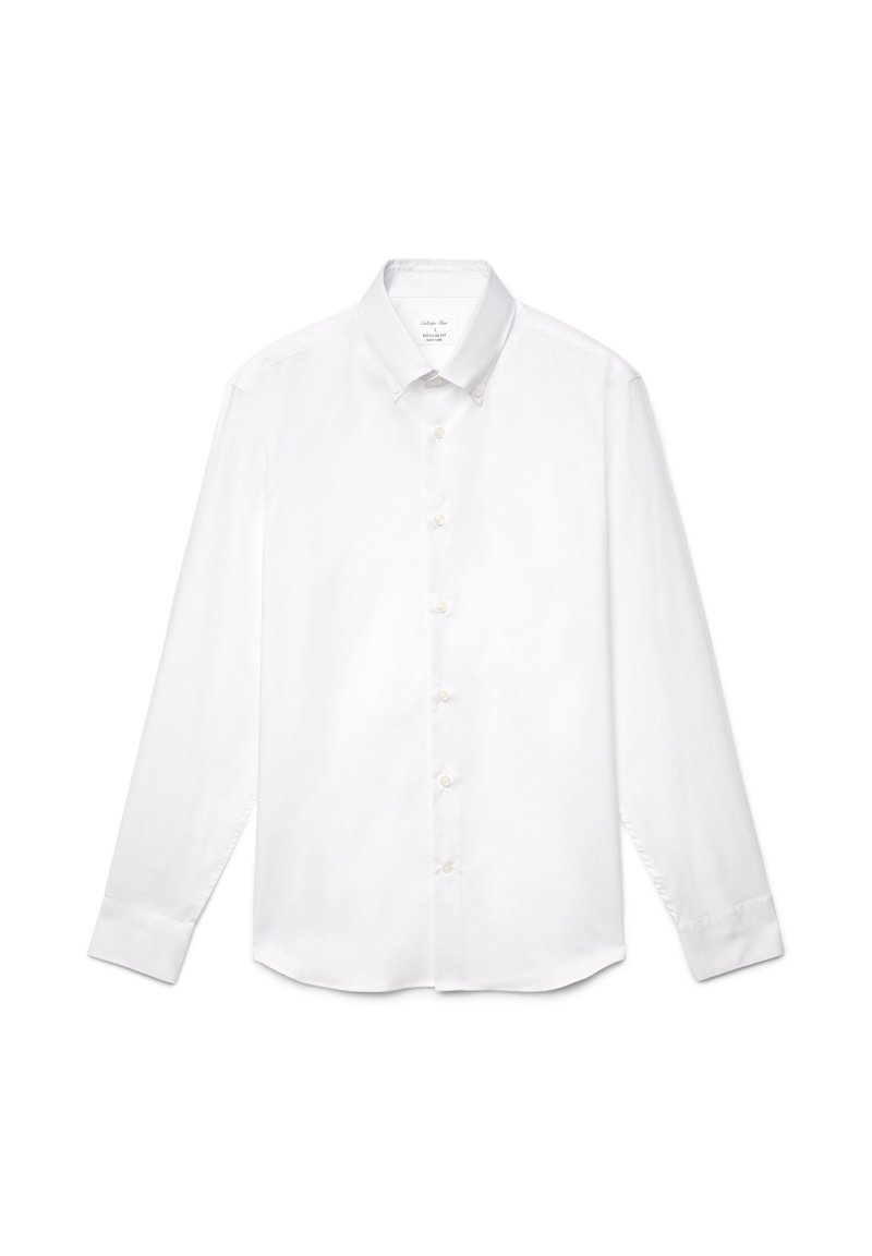 Chemise blanche à manches longues avec boutons, en mélange de coton, dotée d'un col classique, d'une patte de boutonnage à l'avant avec boutons et d'une texture subtile.
