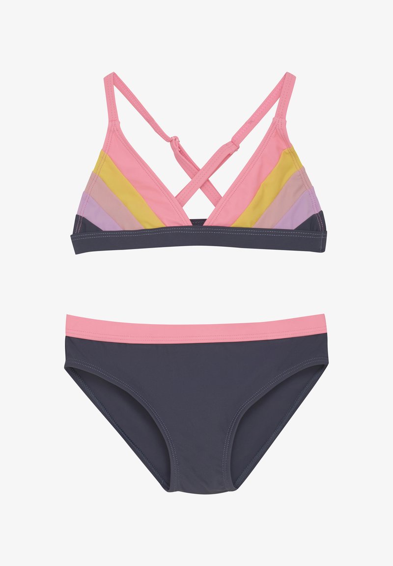 Zweiteiliger Bikini mit einem pinkfarbenen ärmellosen Oberteil mit mehrfarbigen Streifen und einer dunkelgrauen Unterteil mit einem pinken Taillenbund. Texturiertes Material.