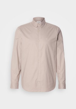 Beige long-sleeve button-up shirt with white vertical stripes, a pointed collar, and a small embroidered logo on the chest.