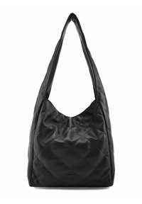 Zwarte leren hobo-tas met een doorgestikt patroon, voorzien van een enkele schouderriem en een zachte, gestructureerde afwerking. Symbolische logopatch aan de onderkant.