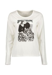 Langärmliges, weißes Baumwoll-T-Shirt mit einem schwarzen Grafikdruck von zwei Figuren, mit komplexen Mustern im unteren Bereich. Rundhalsausschnitt.