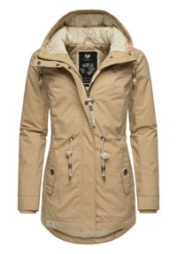 Beige insulated jacket with a hood, featuring drawstrings, snap buttons, and two front pockets. Smooth texture and lined interior.