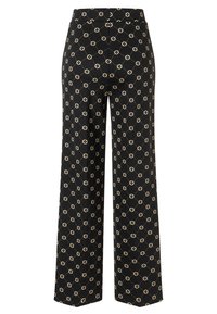 Black wide-leg pants featuring a geometric pattern in beige, with a smooth texture and a waistband design.