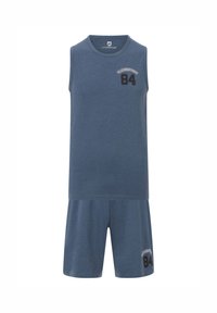 Blue sleeveless top with "WANDERSTORM 84" print and matching shorts. Made of soft material with a simple design and relaxed fit.