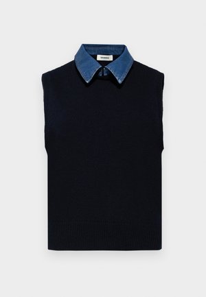 Pulover tricotat fără mâneci, de culoare bleumarin, cu un guler din denim. Are un tiv cu model ondulat și un material texturat. Design minimalist cu un guler în contrast.