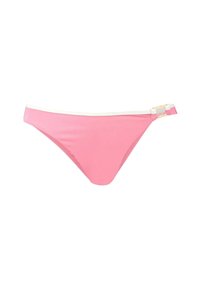Roza bikini spodnji del z belim robom. Ima stranski trak z tkanim vzorcem. Gladka tekstura tkanine, nizko krojen dizajn in minimalna pokritost.