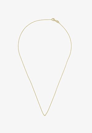 Zarte, dünne Goldkette mit kleinem Karabinerverschluss, auf weißem Hintergrund präsentiert.