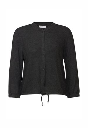 Cárdigan gris oscuro con cuello redondo, cierre de botones y cordón ajustable en el dobladillo. Fabricado en un suave tejido texturizado.