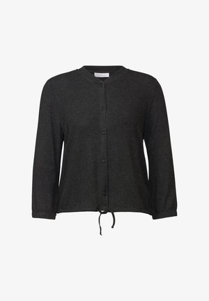 Ciemnoszary kardigan z okrągłym dekoltem, zapięciem na guziki i regulowanym sznurkiem u dołu. Wykonany z miękkiej, teksturowanej tkaniny.