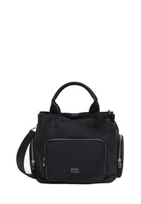 Czarna torba na ramię z nylonu z dwoma krótkimi uchwytami i odpinanym paskiem na ramię. Posiada zamki błyskawiczne oraz przednią kieszeń z detalem w postaci logo.