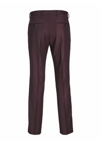 Pantalons sur mesure bordeaux foncé avec une texture lisse, dotés de deux poches arrière et d'un design ajusté.