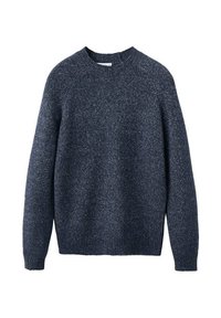 Temno modra pletiva s crew izrezom, dolgimi raglan rokavi, rebrastimi manšetami in robom ter teksturirano tkanino.
