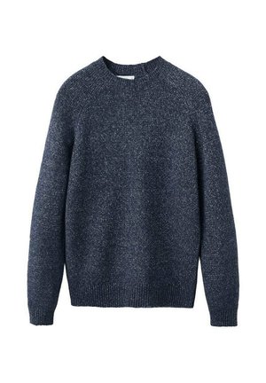 Suéter de punto navy oscuro con cuello redondo, mangas largas raglán, puños y dobladillo acanalados, y un acabado de tela texturizada.