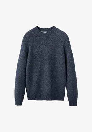 Donker marineblauwe breisweater met een ronde halslijn, lange raglanmouwen, geribbelde manchetten en zoom, en een gestructureerde stofafwerking.