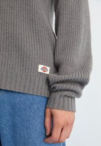 Siv svetar z ribasto teksturo, izdelan iz strukturirane pletenine, z majhnim logotipom Dickies na robu, v kombinaciji z jeans hlačami.