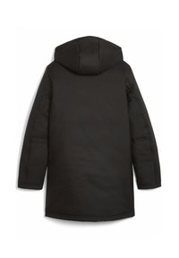 Svart huva parka med en slät, matt yta, långa ärmar och en rak skärning med sidfickor.