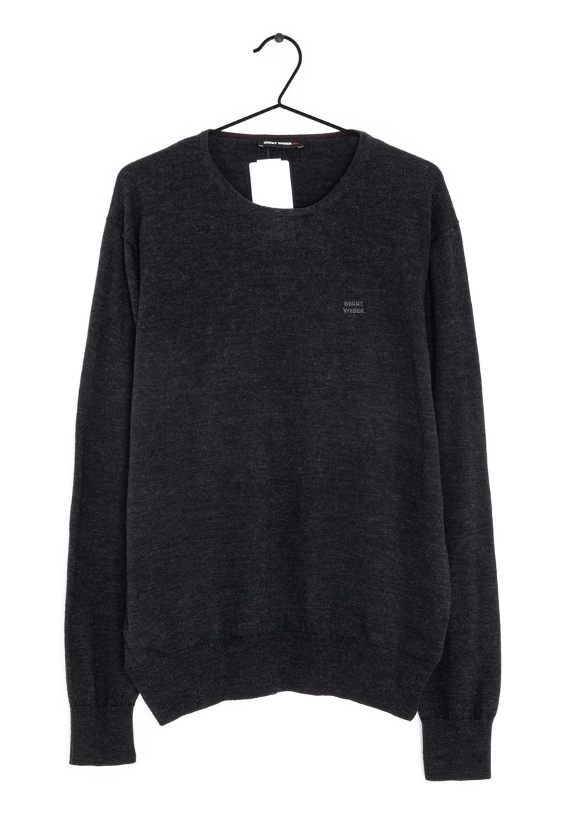 Dunkelgrauer Rundhals-Pullover aus einem weichen, strukturierten Stoff. Verfügt über lange Ärmel und ein kleines, dezentes Logo auf der linken Brust.