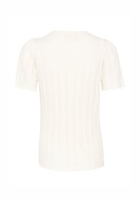 Vit stickad topp med korta puffärmar, med ett texturerat mönster av vertikala ränder och rund halsringning.