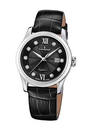 CANDINO Uhr mit schwarzem strukturiertem Zifferblatt, silbernen römischen Ziffern, Diamantakzenten und einem schwarzen Lederarmband im Krokodil-Muster.