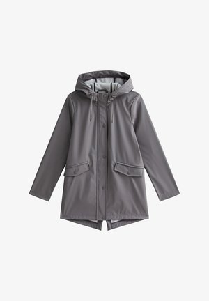 Grijze waterdichte regenjas met een capuchon, twee voorzakken met drukknopen en verstelbare koordjes. Gladde textuur en knie-lengte ontwerp.