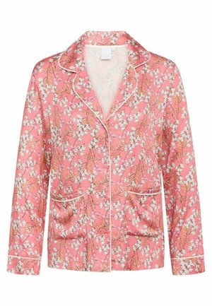 Pink floral print pajama top with white piping, notched collar, and two front pockets. Features botanical patterns with small white flowers.