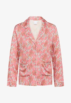 Pidžama majica s ružičastim cvjetnim uzorkom i bijelim rubovima, s oštrim ovratnikom i dva prednja džepa. Sadrži botaničke uzorke s malim bijelim cvjetovima.