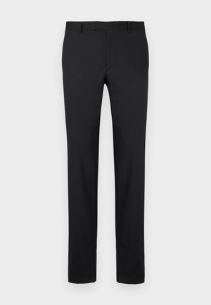 Black trousers with a tailored design, straight legs, standard belt loops, and smooth texture. No visible patterns or hardware.