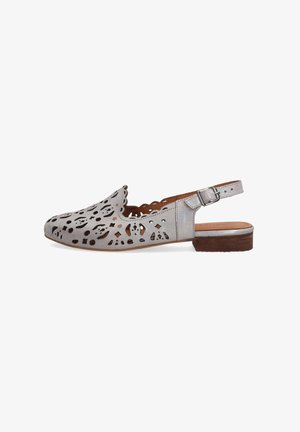 Gray leather slingback shoe with cut-out designs, scalloped edges, and a low wooden heel. Features a silver buckle for adjustment.