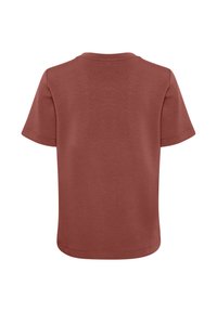Bordeauxrotes T-Shirt mit kurzen Ärmeln aus weichem Stoff, runder Ausschnitt und einfachem Design. Keine sichtbaren Muster oder Akzente.