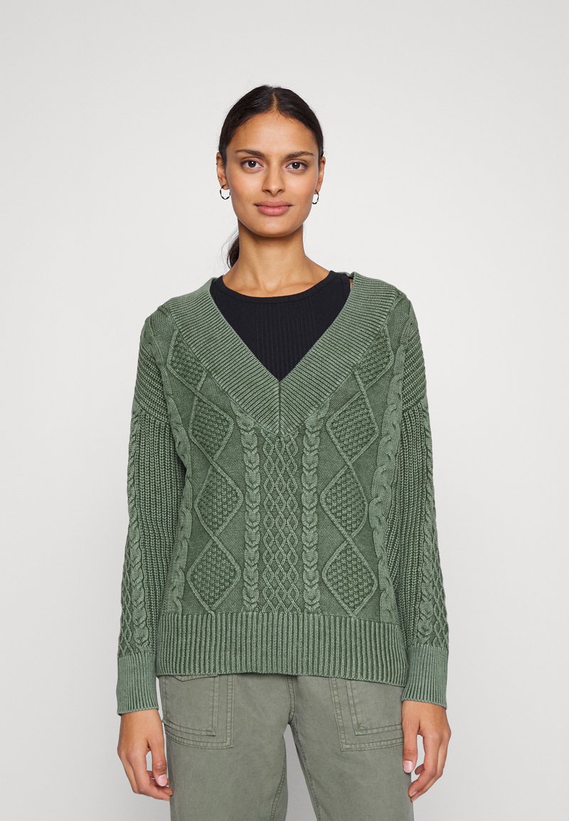 aerie CABLE V NECK ACID WASH Jumper olive fun/green Zalando.co.uk