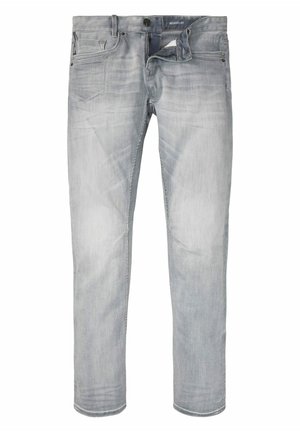 Light grey relaxed fit jeans with subtle fading, five-pocket design, and button fly, shown front-facing on a white background.