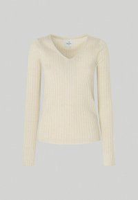 Maglione a coste di colore crema con maniche lunghe e scollo a V, caratterizzato da strisce verticali e un design aderente.