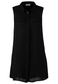 Svart ärmlös skjortklänning med krage, två bröstfickor och knappstängning fram.