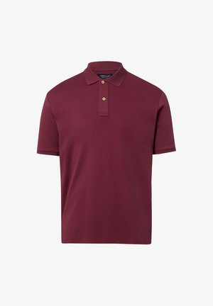 Dunkelrotes Poloshirt mit kurzen Ärmeln, zwei braunen Knöpfen und klassischem Kragen, präsentiert vor weißem Hintergrund.