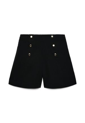 Schwarze Shorts mit hoher Taille und sechs metallischen Knöpfen, die in zwei vertikalen Reihen auf der Vorderseite angeordnet sind.