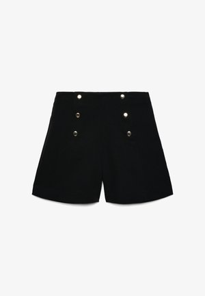 Schwarze Shorts mit hoher Taille und sechs metallischen Knöpfen, die in zwei vertikalen Reihen auf der Vorderseite angeordnet sind.