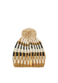 Knitted beanie with a pom-pom, featuring alternating stripes in beige, brown, black, and cream. Includes a logo tag at the base.