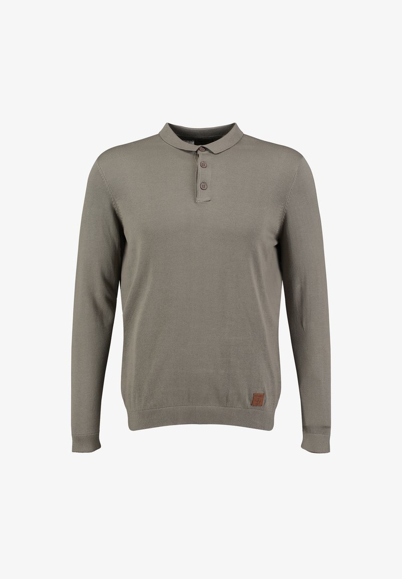 Tjallensweater in taupe met lange mouwen, voorzien van drie knopen en een klein bruin logo-embleem nabij de onderzoom, weergegeven op een effen achtergrond.