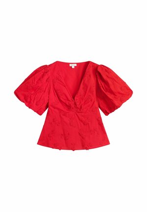 Czerwona bluzka z bufkami o krótkich rękawach, głębokim dekoltem w kształcie litery V, dopasowaną talią i subtelnym kwiatowym haftem na całej tkaninie.