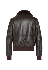 Bruine leren bomberjack met een faux bontkraag, geribbelde manchetten en een aangesloten tailleband met een gladde textuur en naaddetails.